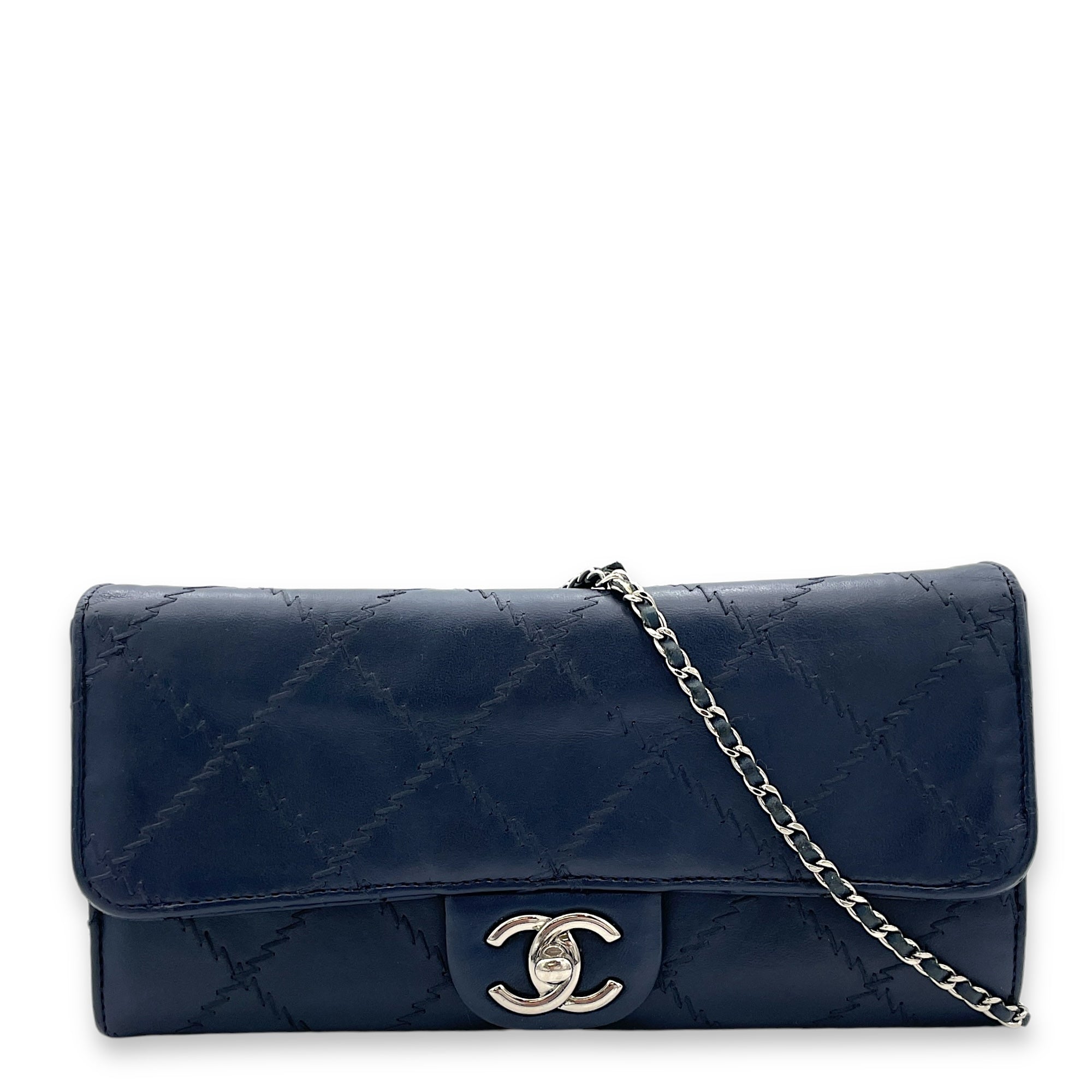 Ultimate Stitch Blue Wallet On Chain in Lambskin, Silver hardware