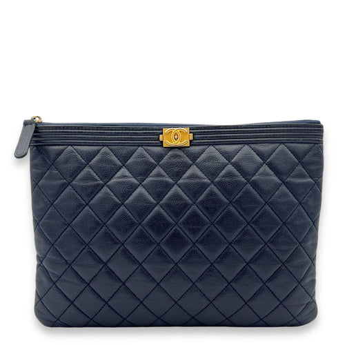 Boy O Case Medium Blue Pouch in Caviar Leather, Gold hardware