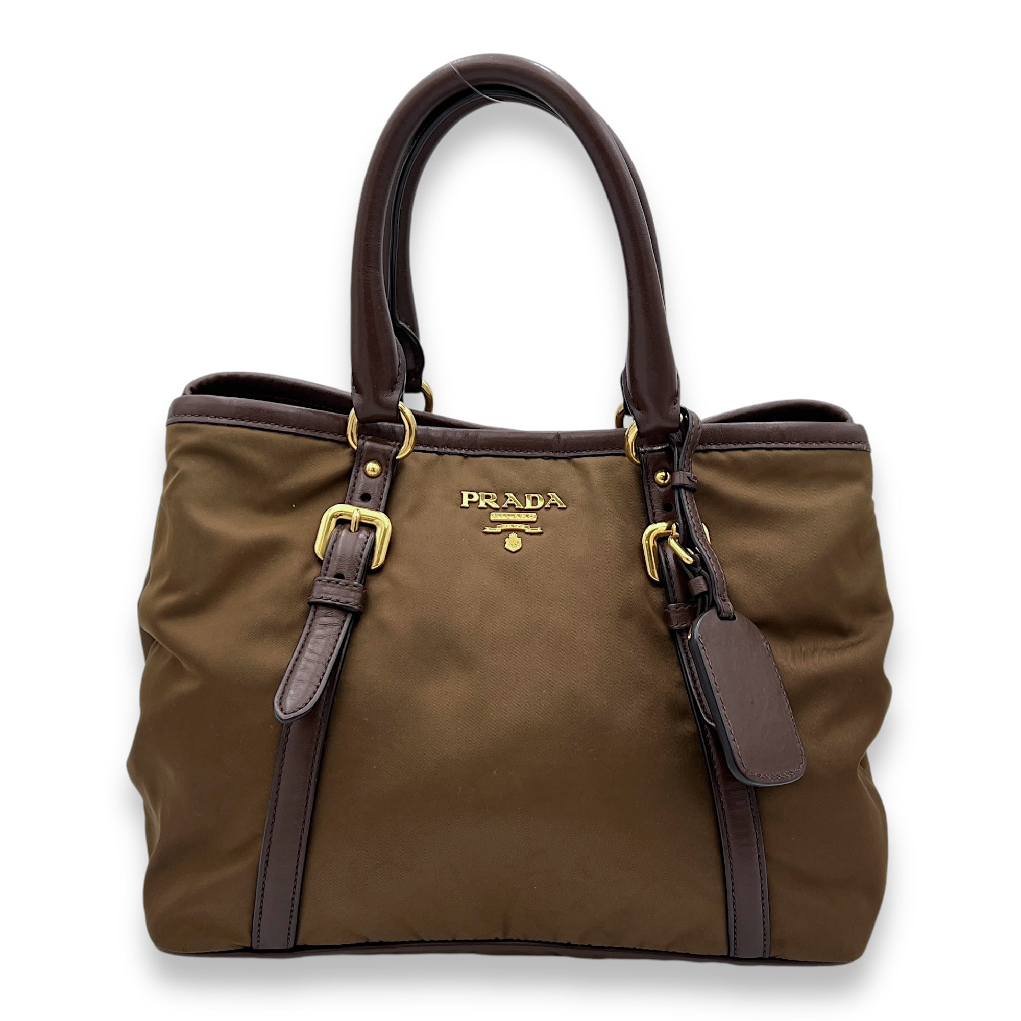 Tessuto Brown Top Handle Bag in Nylon, Gold hardware