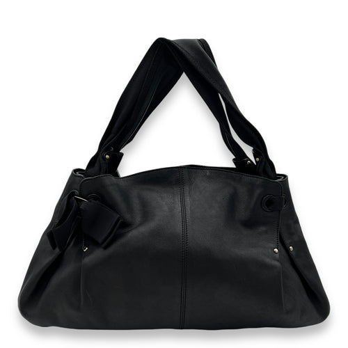 Bow Black Top Handle Bag in Calfskin, Silver hardware