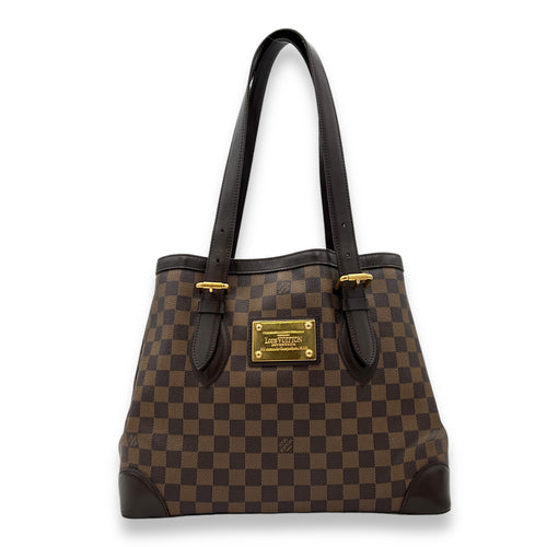 Hampstead MM Brown Top Handle Bag in Damier Ebene, Gold hardware