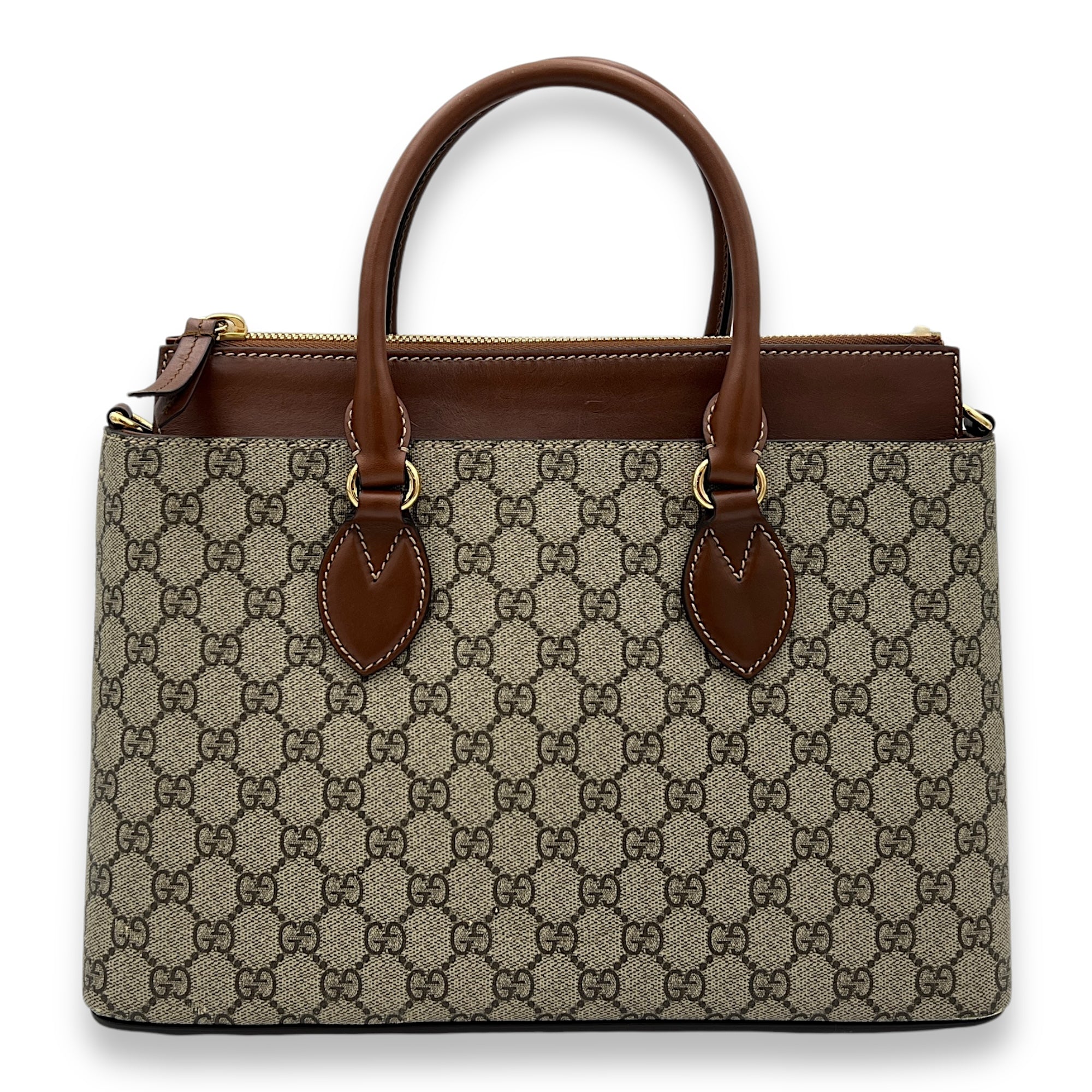 GG Supreme Top Handle Bag Brown in Monogram Coated Canvas, Gold hardware