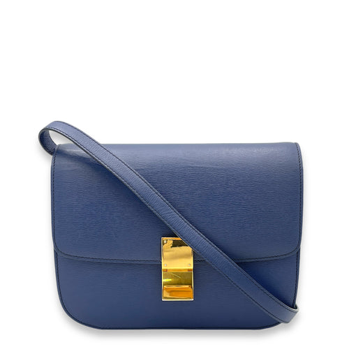 Box Medium Blue Crossbody Bag in Calfskin, Gold hardware