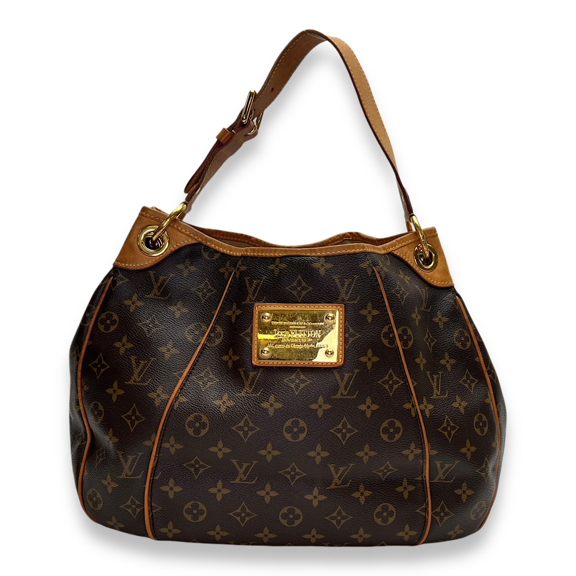 Galliera PM Brown Shoulder Bag in Monogram Coated Canvas, Gold hardware