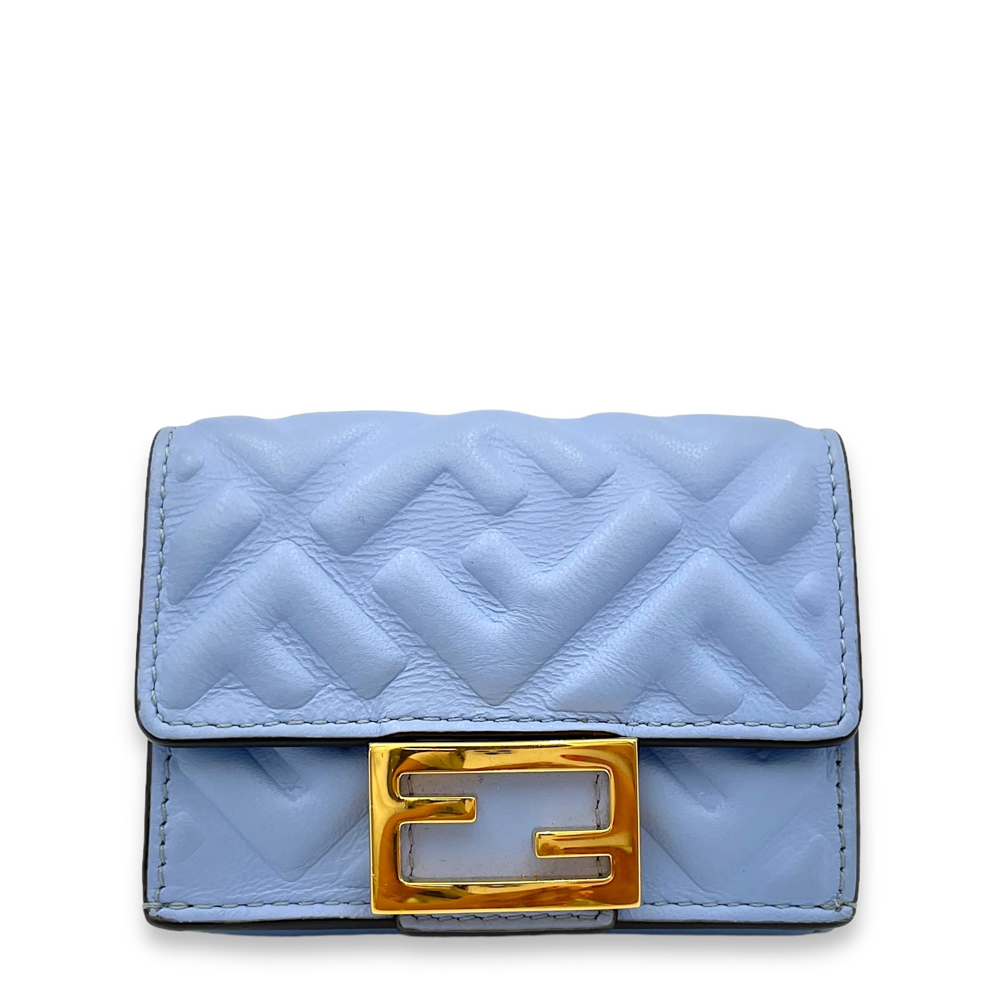 Baguette Trifold Micro Blue Wallet in Calfskin, Gold hardware