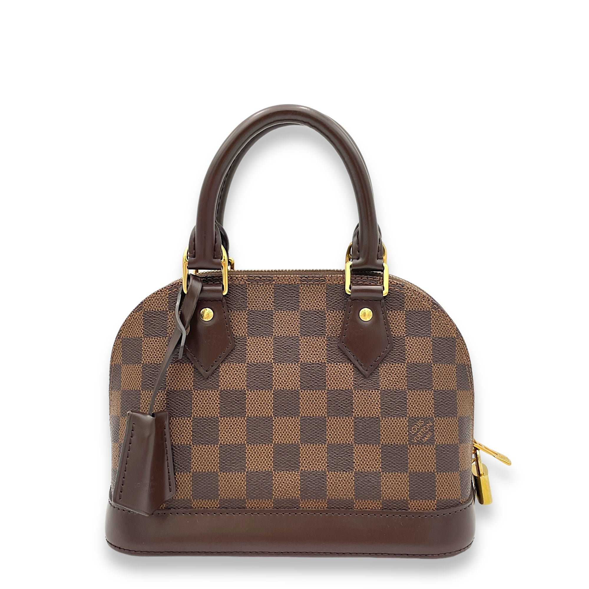 Alma BB Damier Ebene Top Handle Bag in Coated Canvas, Gold hardware