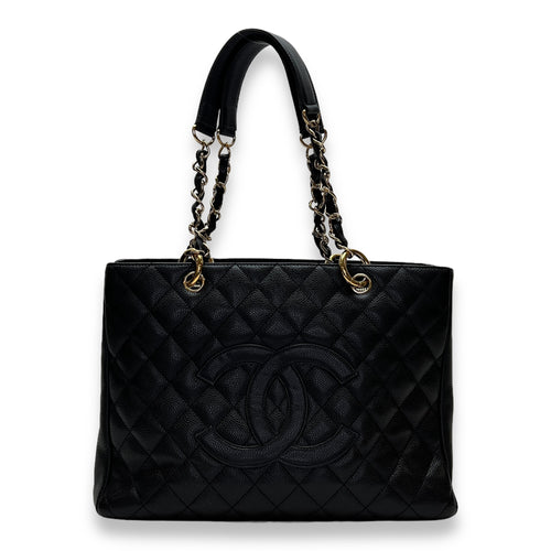 GST Grand Shopping Tote Large Black Shoulder Bag in Caviar Leather, Gold hardware