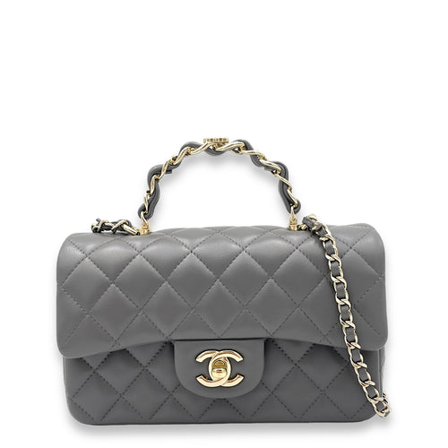 Classic Flap Rectangle Grey Top Handle Bag in Lambskin, Light Gold hardware