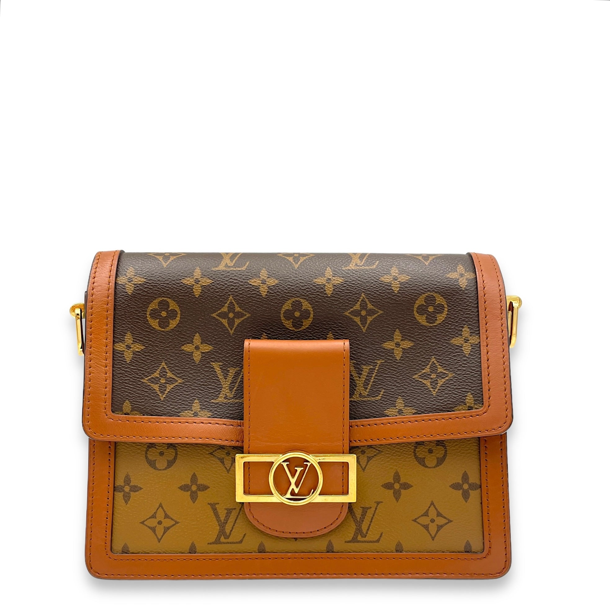 Dauphine MM Brown Crossbody Bag in Monogram Coated Canvas, Gold hardware