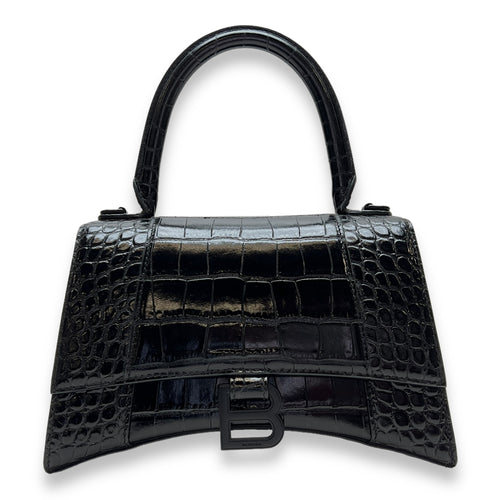 Hourglass Small Black Top Handle Bag in Crocodile Embossed Calfskin