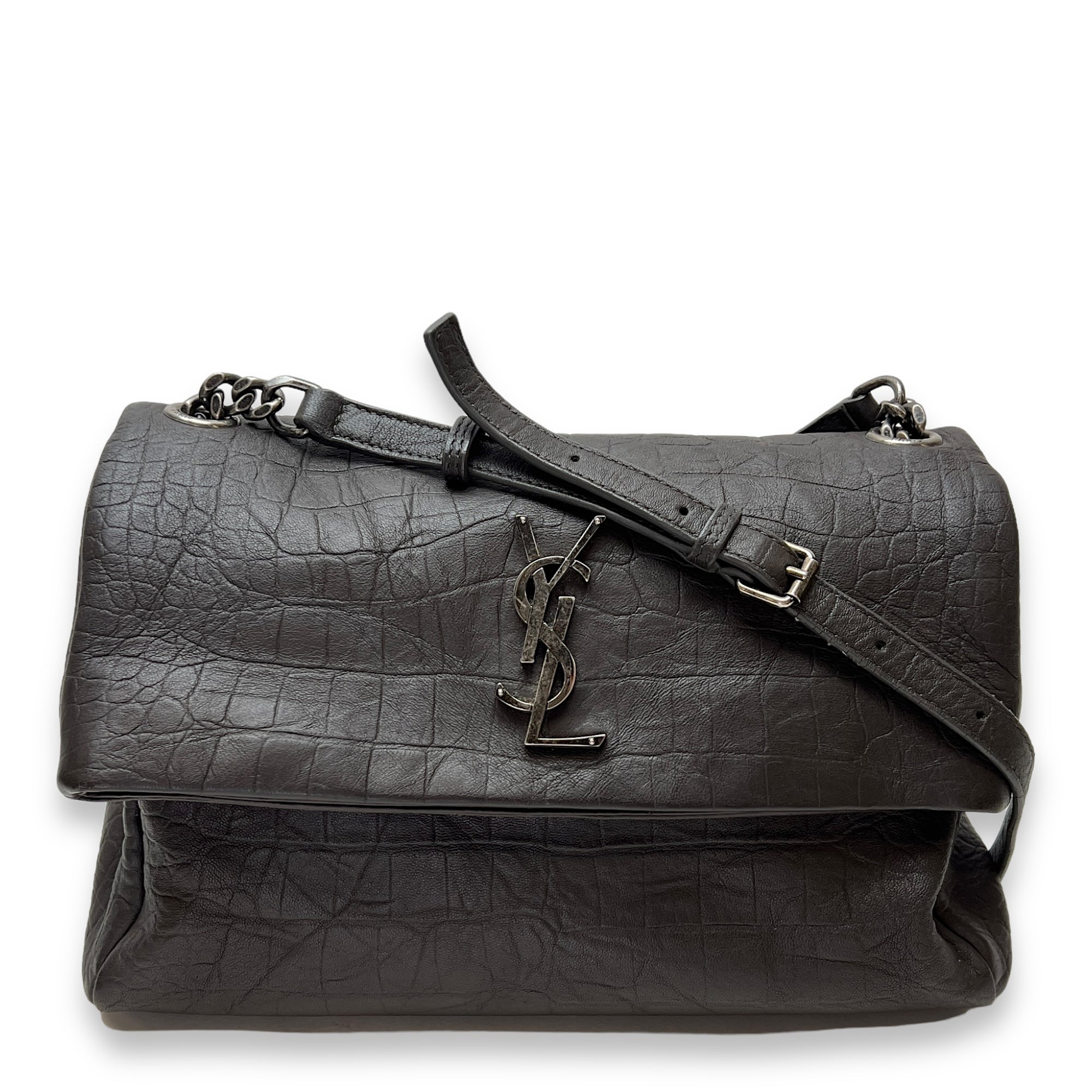 West Hollywood Medium Brown Shoulder Bag in Crocodile Embossed Calfskin, Ruthenium hardware