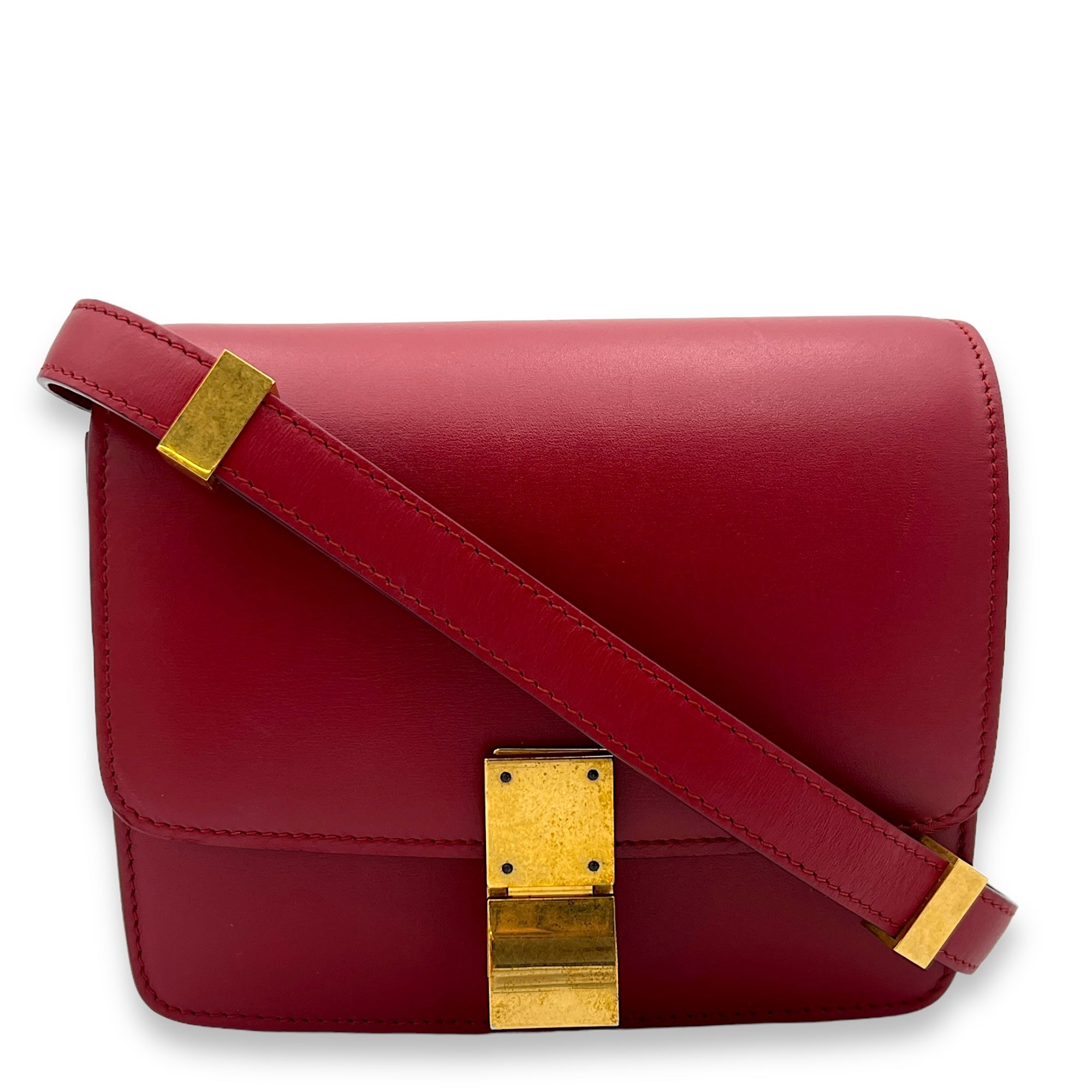 Box Small Red Shoulder Bag in Calfskin, Gold hardware