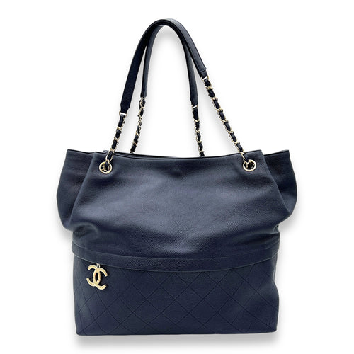 Quilted Blue Shoulder Bag in Caviar Leather, Light Gold hardware