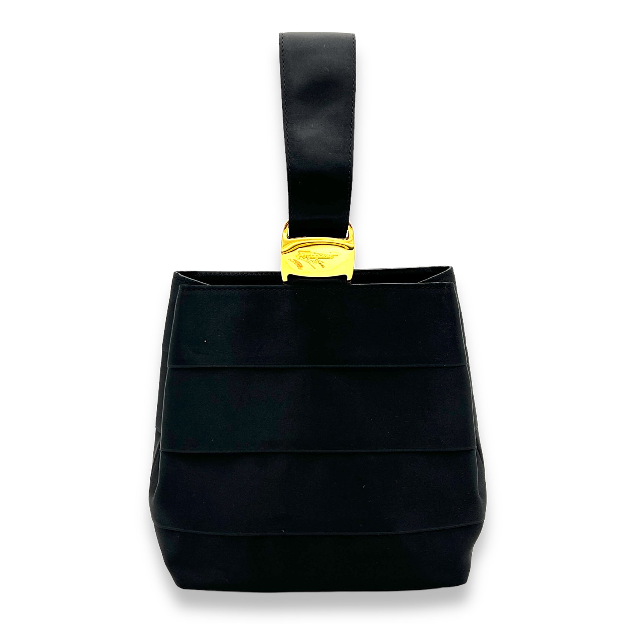 Buckle Black Top Handle Bag in Satin, Gold hardware