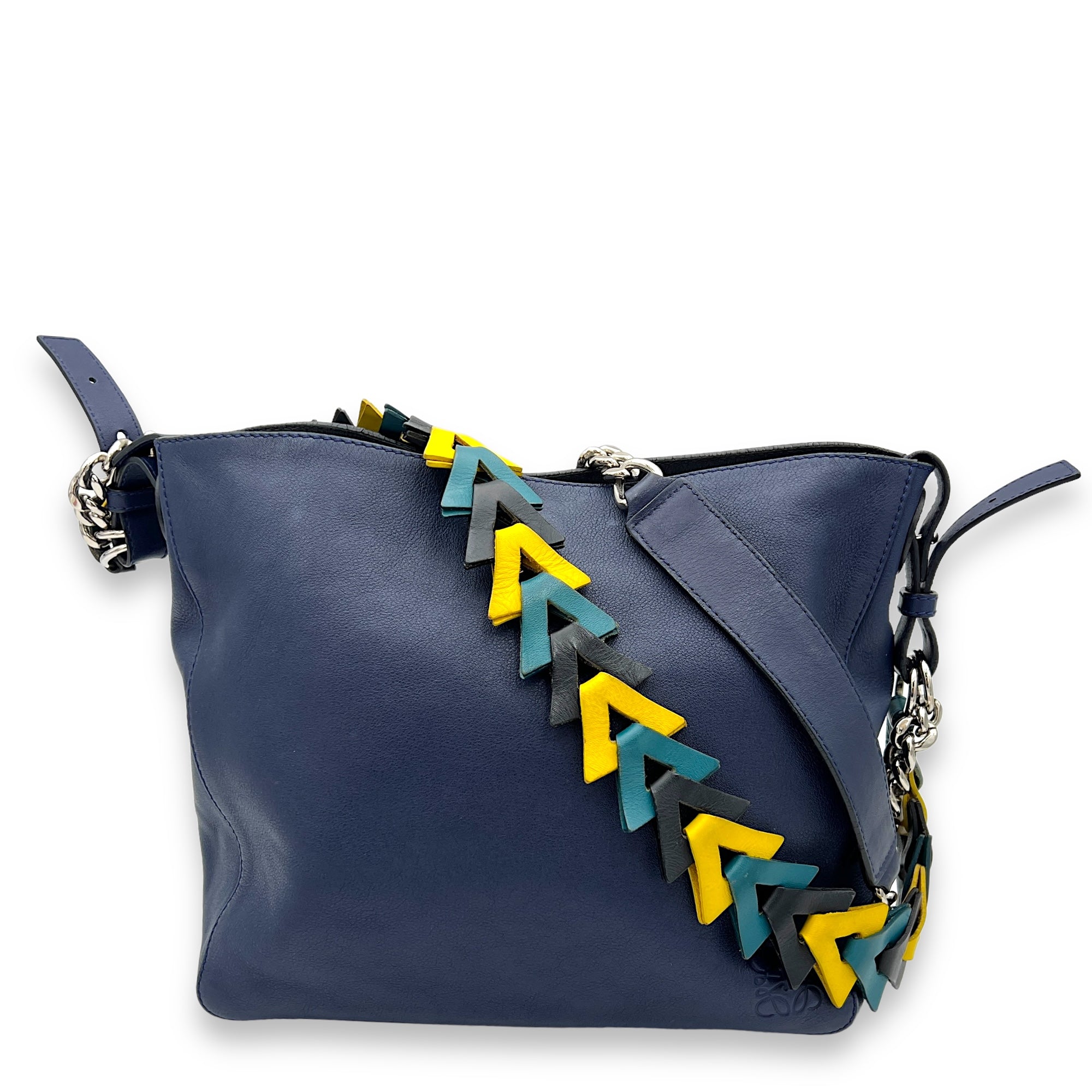 V Bucket Navy Shoulder Bag in Calfskin, Silver hardware