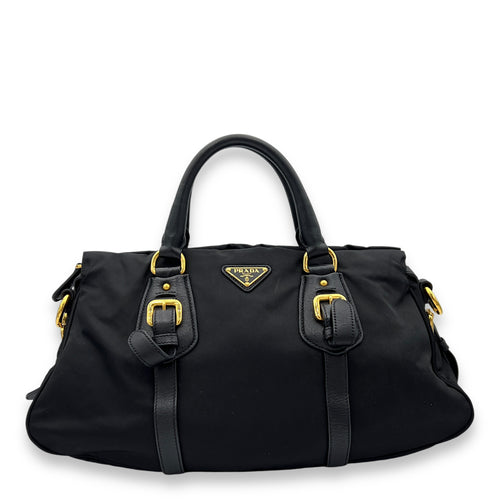 Two-Way Black Top Handle Bag in Nylon, Gold hardware