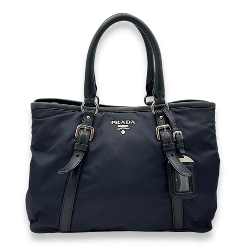 Two-Way Blue Top Handle Bag in Nylon, Silver hardware