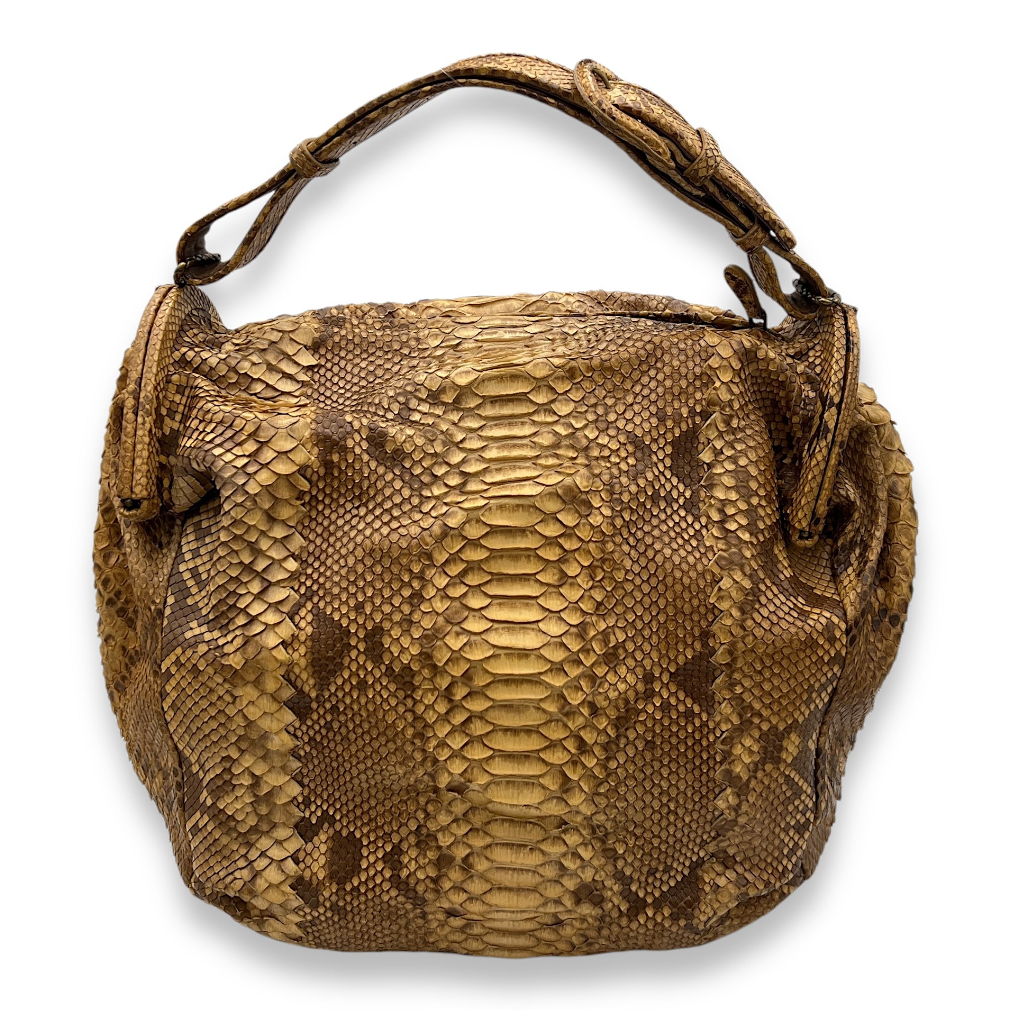 Duette Brown Shoulder Bag in Python Leather, Brushed Gold hardware