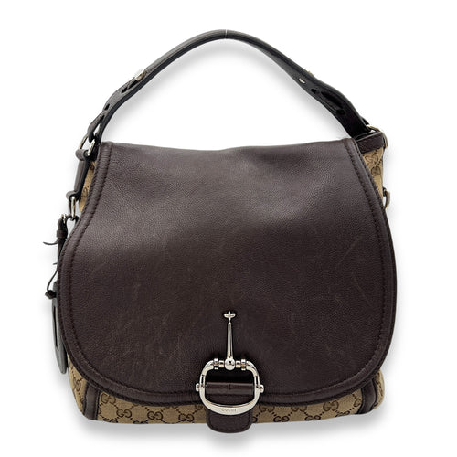 Techno Horsebit Brown Shoulder Bag in Canvas, Silver hardware