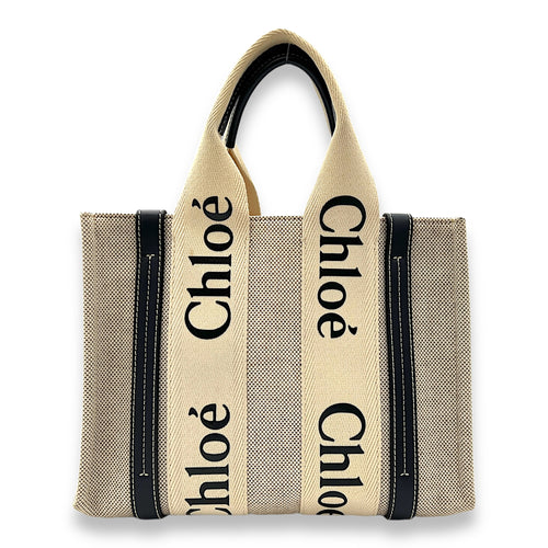 Woody Tote Bag Small Beige in Canvas, Silver hardware