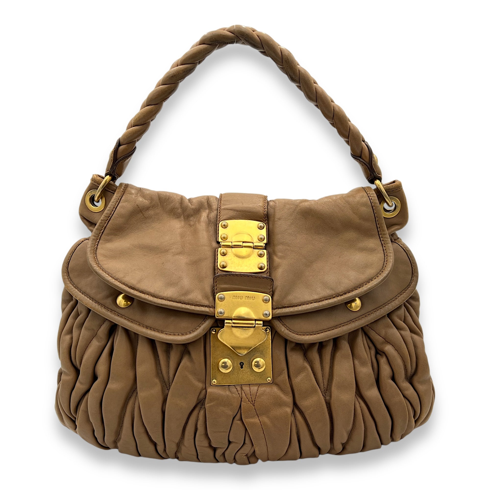 Coffer Brown Top Handle Bag in Calfskin, Gold hardware