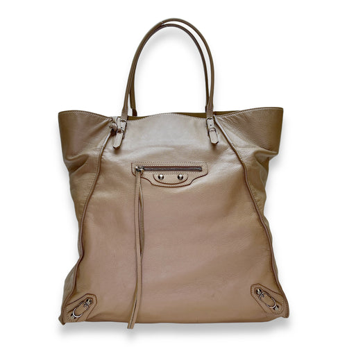 Papier Tote Bag Beige in Calfskin, Silver hardware