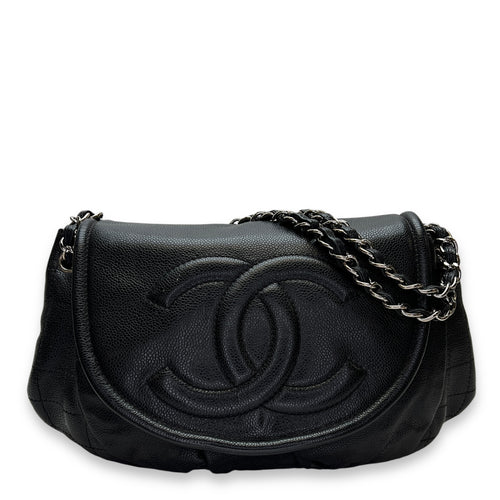 Half Moon Black Shoulder Bag in Caviar Leather, Silver hardware