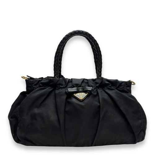 Braided Top Handle Bag Black in Nylon, Gold hardware