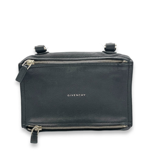 Pandora Small Black Shoulder Bag in Goat Leather, Silver hardware