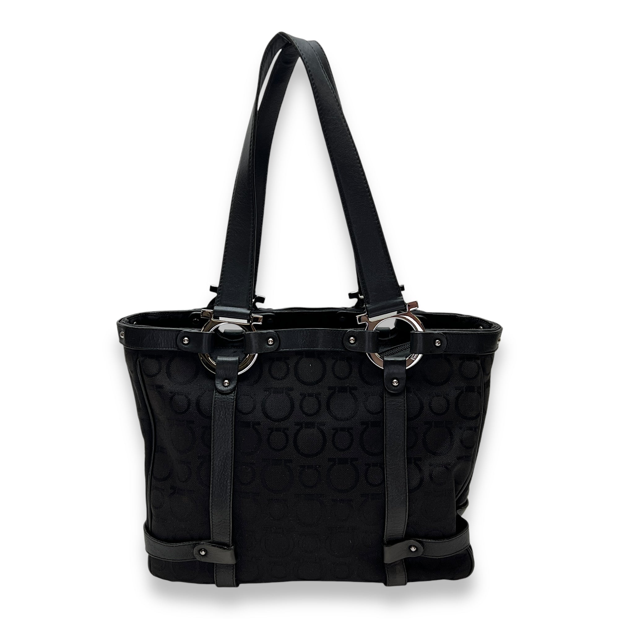 Gancini Top Handle Bag Medium Black in Canvas, Silver hardware