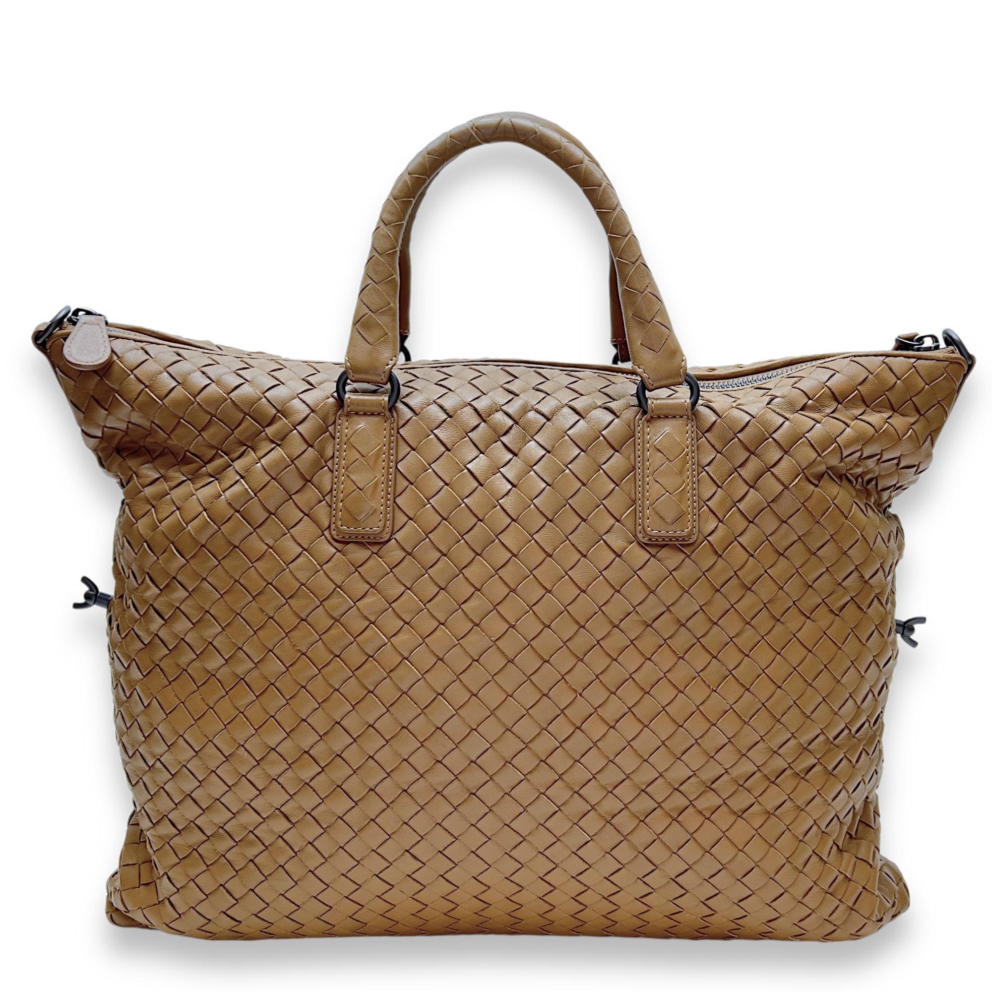 Intrecciato Brown Top Handle Bag in Lambskin, Gunmetal hardware