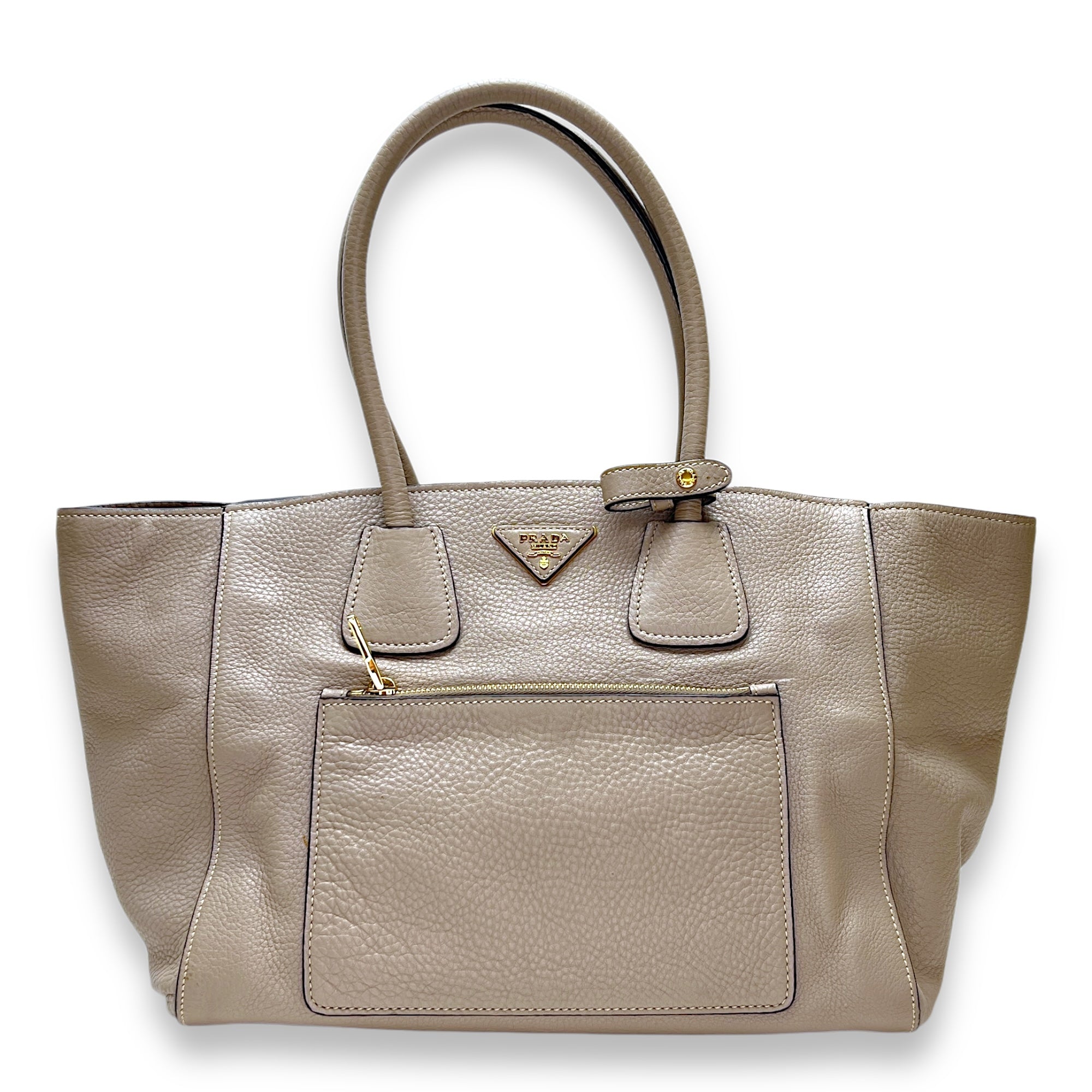 Logo Top Handle Bag Beige in Calfskin, Gold hardware