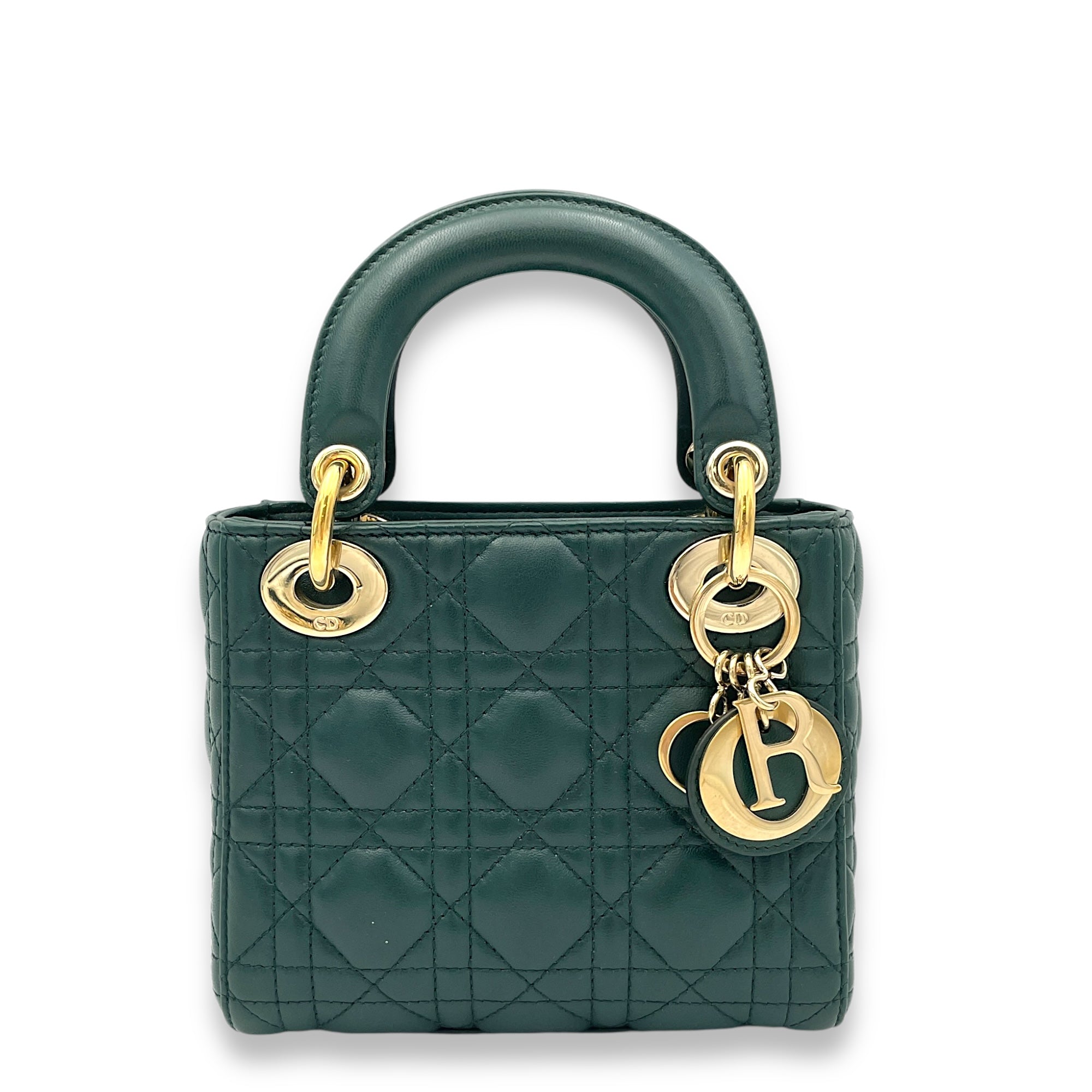 Lady Dior Top Handle Bag Mini Green in Lambskin, Gold hardware