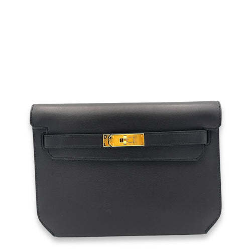 Kelly Depeches Black in Calfskin, Gold hardware