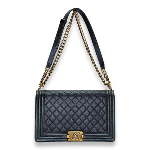 Boy Medium Navy Shoulder Bag in Caviar Leather, Gold hardware