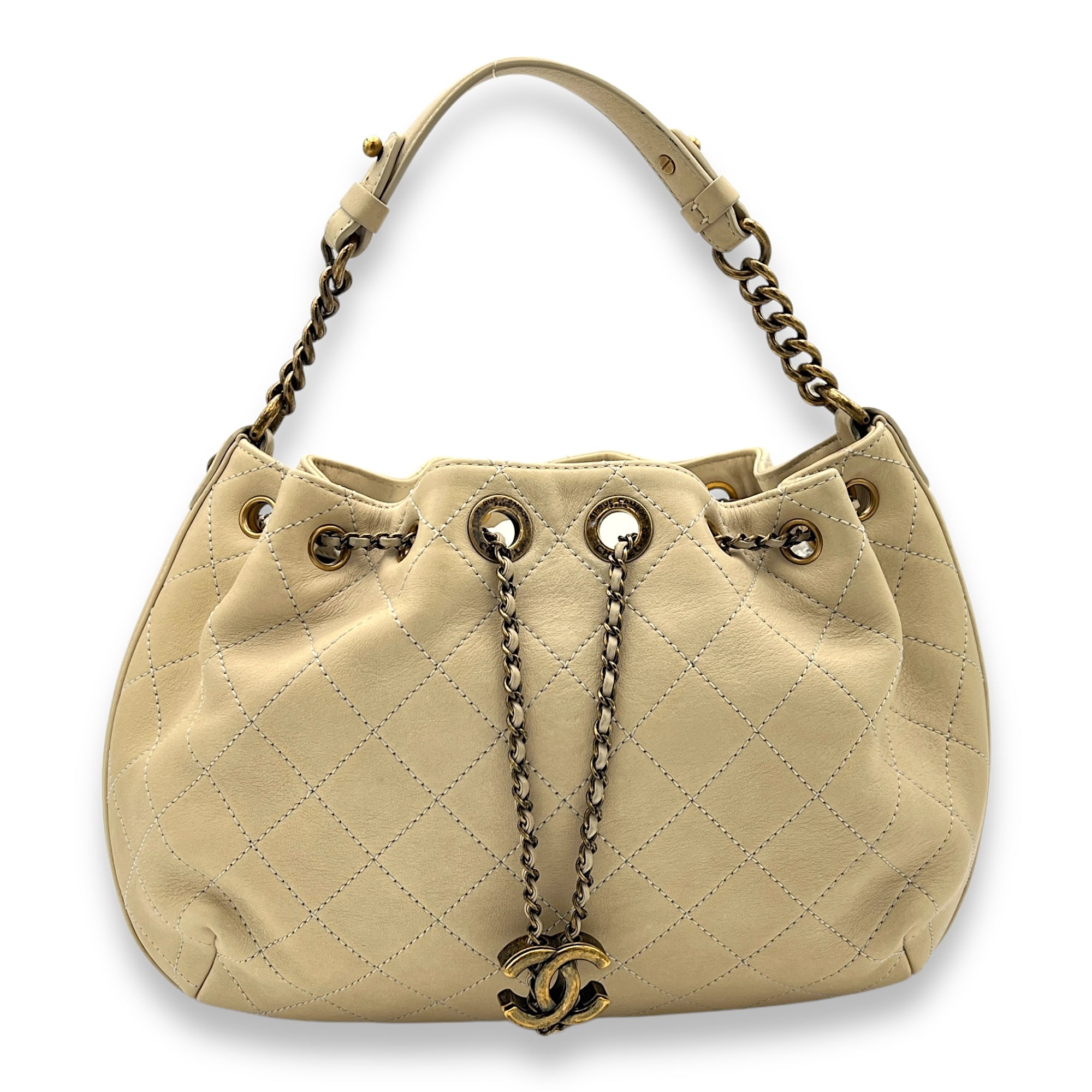 Drawstring CC Beige Bucket Bag in Calfskin, Gold hardware