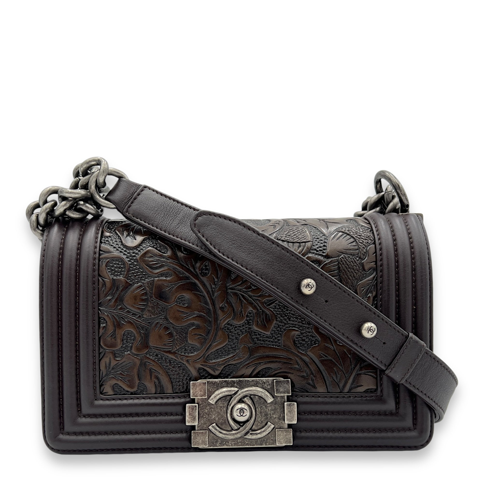 Cordoba Boy Small Brown Crossbody Bag in Lambskin, Ruthenium hardware