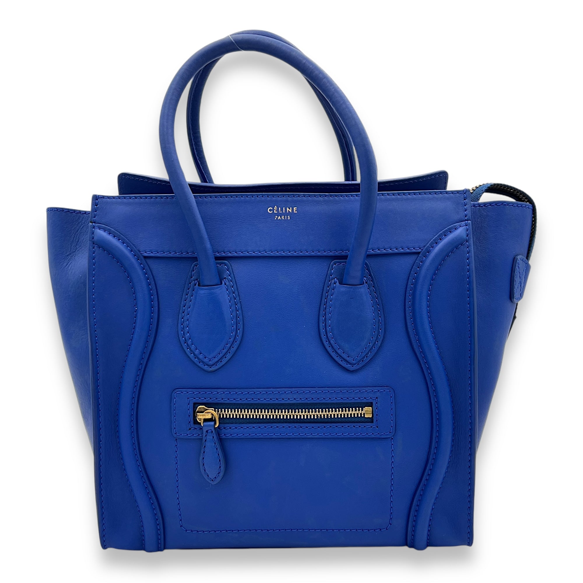 Luggage Micro Blue Top Handle Bag in Calfskin, Gold hardware