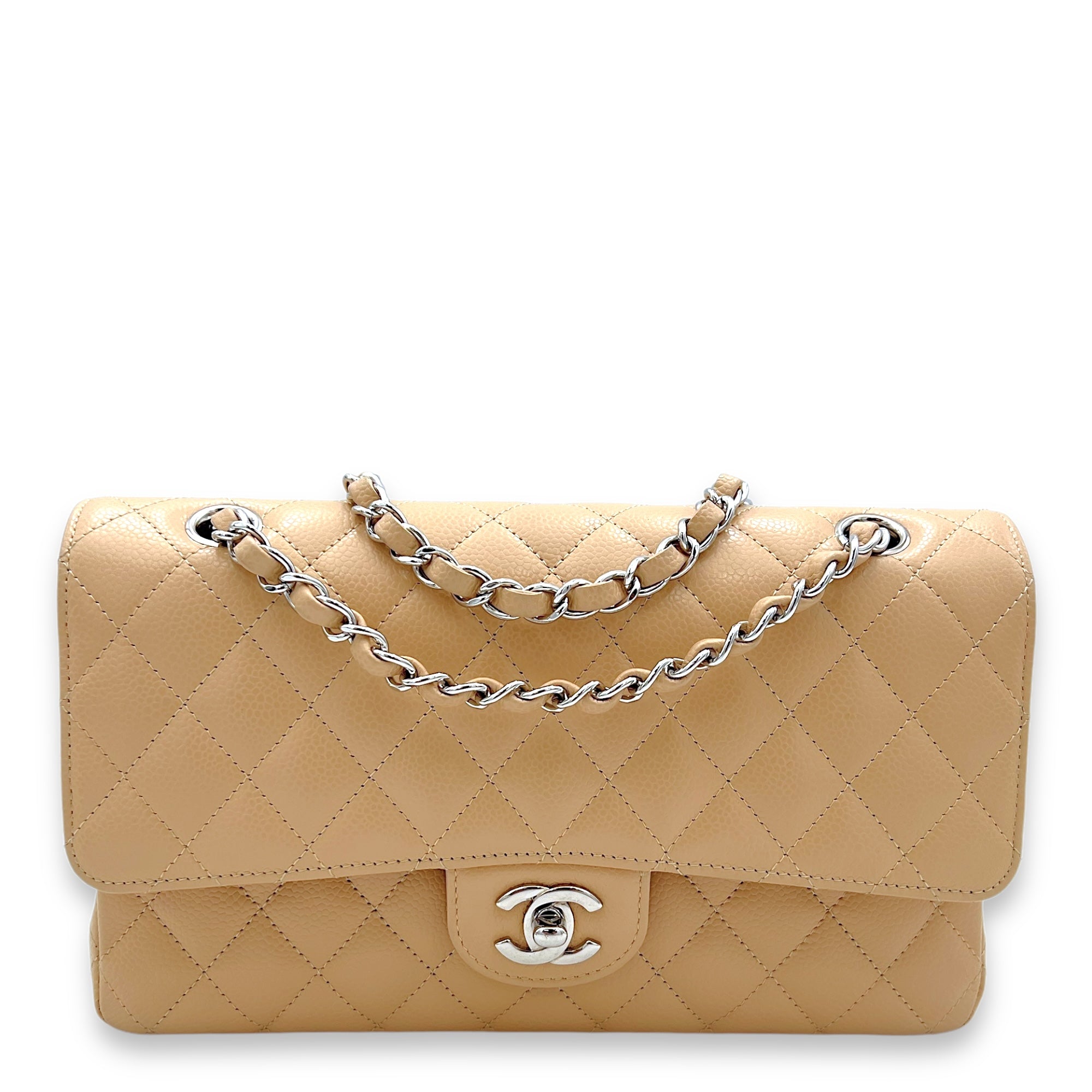 Classic Double Flap Medium Beige Shoulder Bag in Caviar Leather, Silver hardware