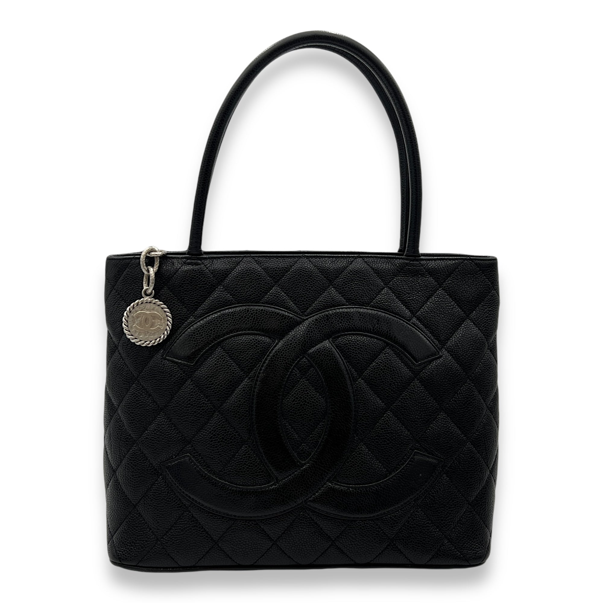 Medallion Tote Bag Black in Caviar Leather, Silver hardware