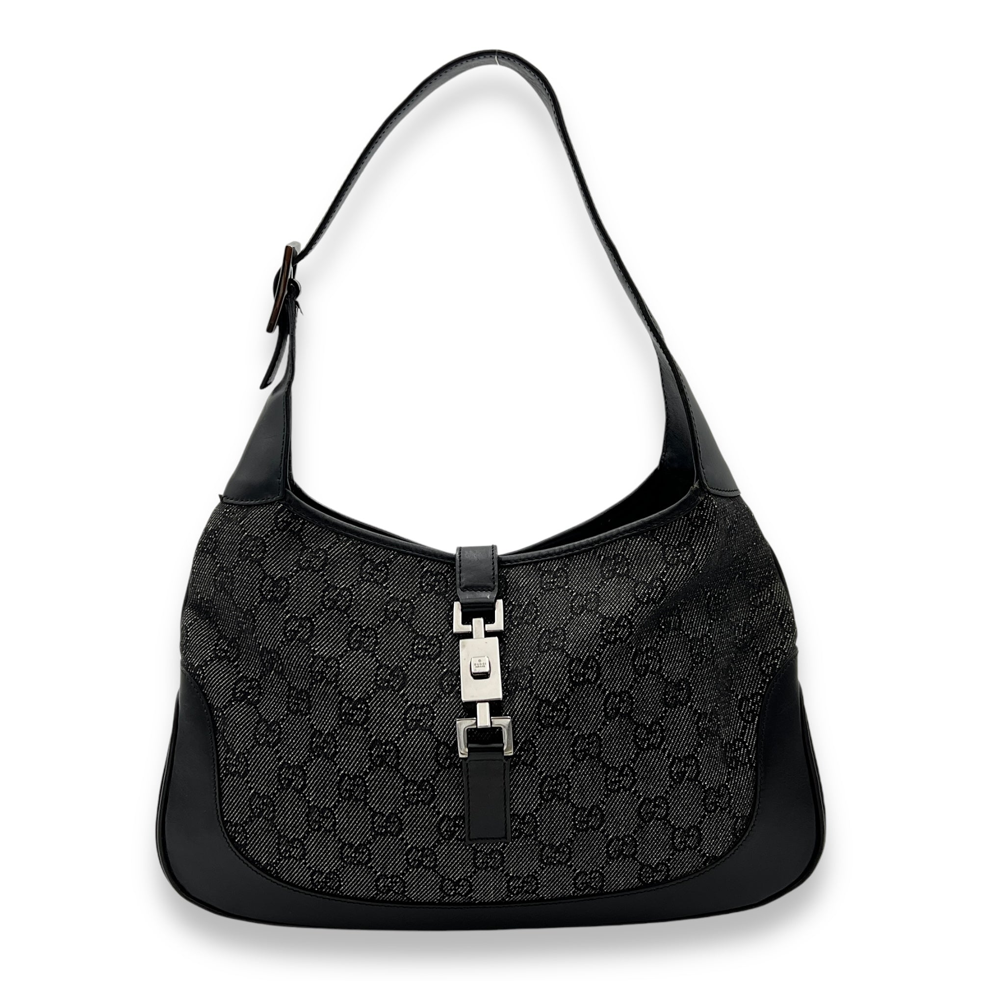 Jackie Black Shoulder Bag in Canvas, Silver hardware