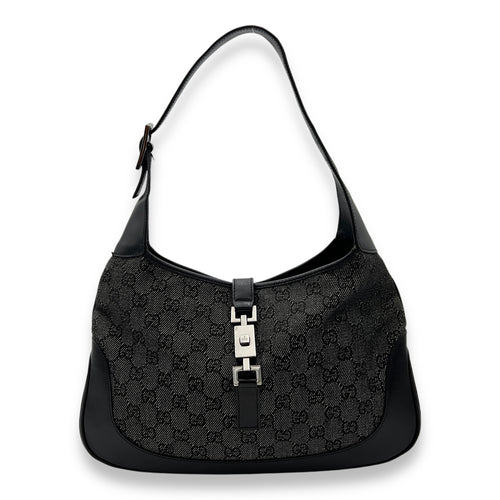 Jackie Black Shoulder Bag in Canvas, Silver hardware