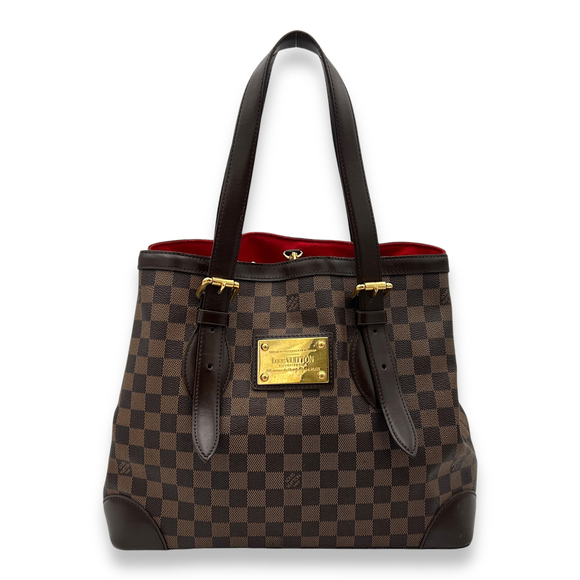 Hampstead MM Damier Ebene Top Handle Bag in Coated Canvas, Gold hardware