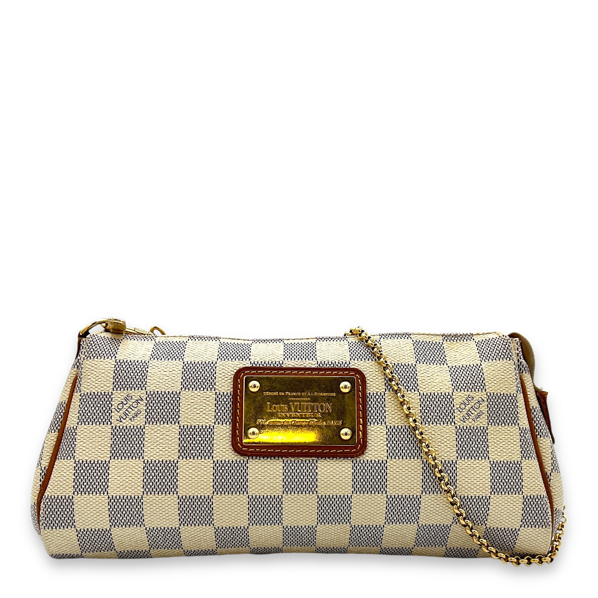 Eva Damier Azur Shoulder Bag in Coated Canvas, Gold hardware