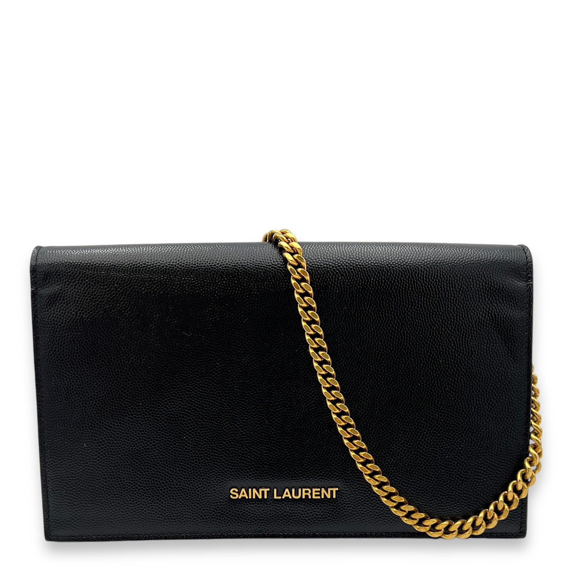 Logo Wallet On Chain Black in Patent Leather, Gold hardware