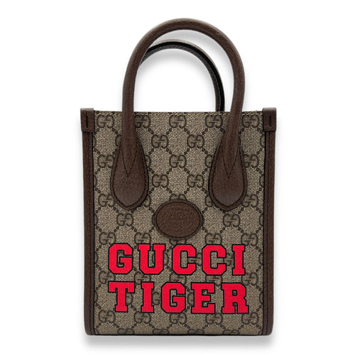 Tiger Interlocking Brown Top Handle Bag in Coated Canvas, Gold hardware