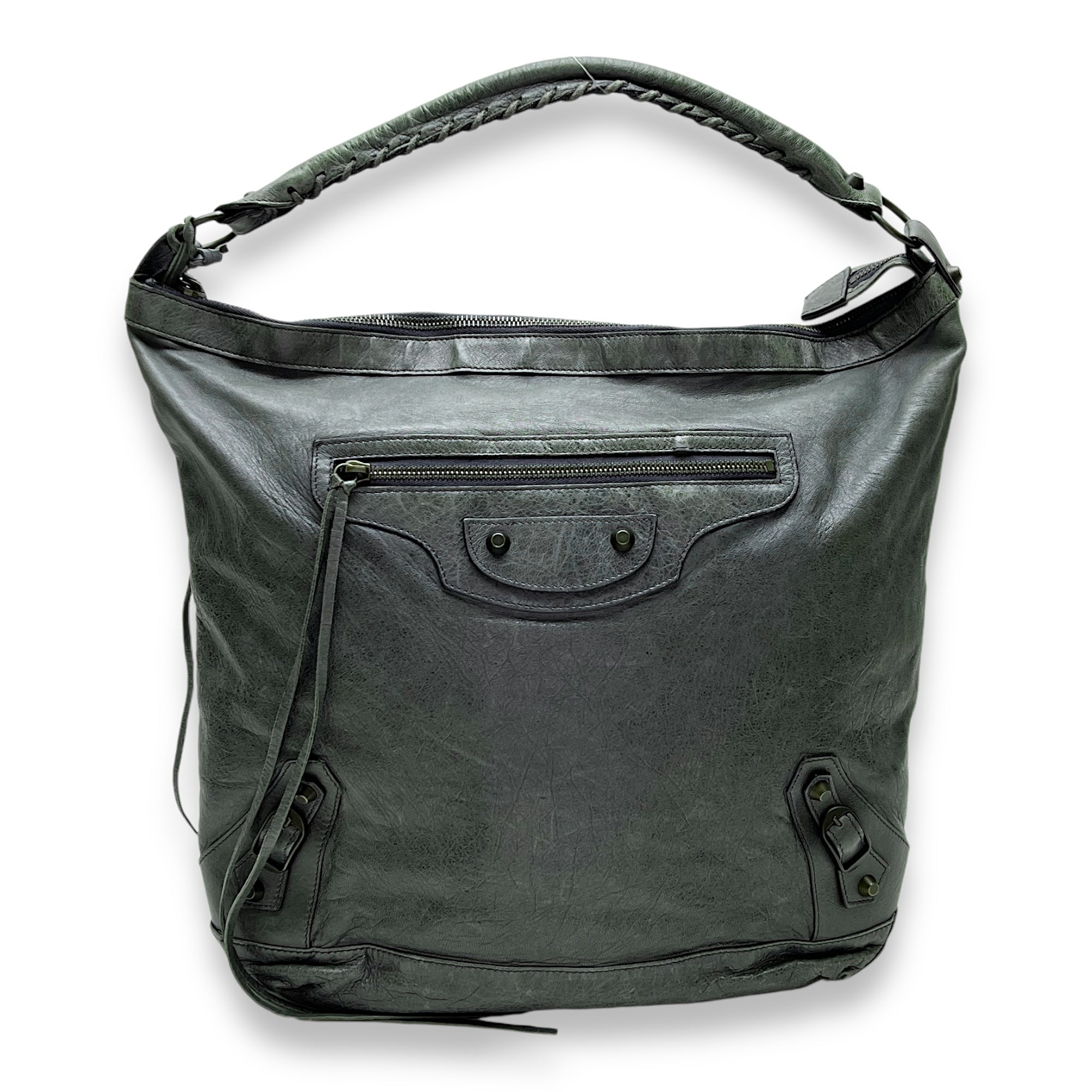 Day Hobo Shoulder Bag Grey in Distressed Leather, Brushed Gold hardware