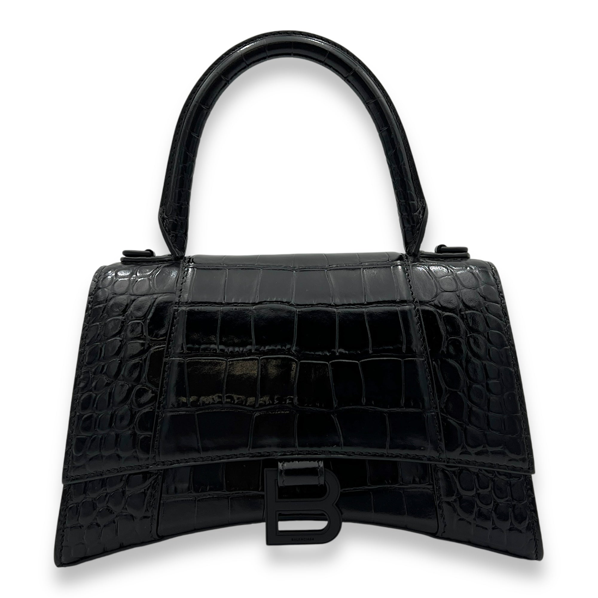 Hourglass Top Handle Bag Small Black in Crocodile Embossed Calfskin