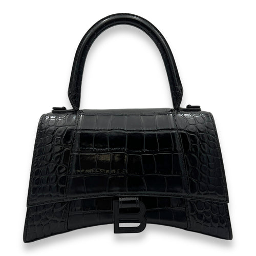 Hourglass Top Handle Bag Small Black in Crocodile Embossed Calfskin