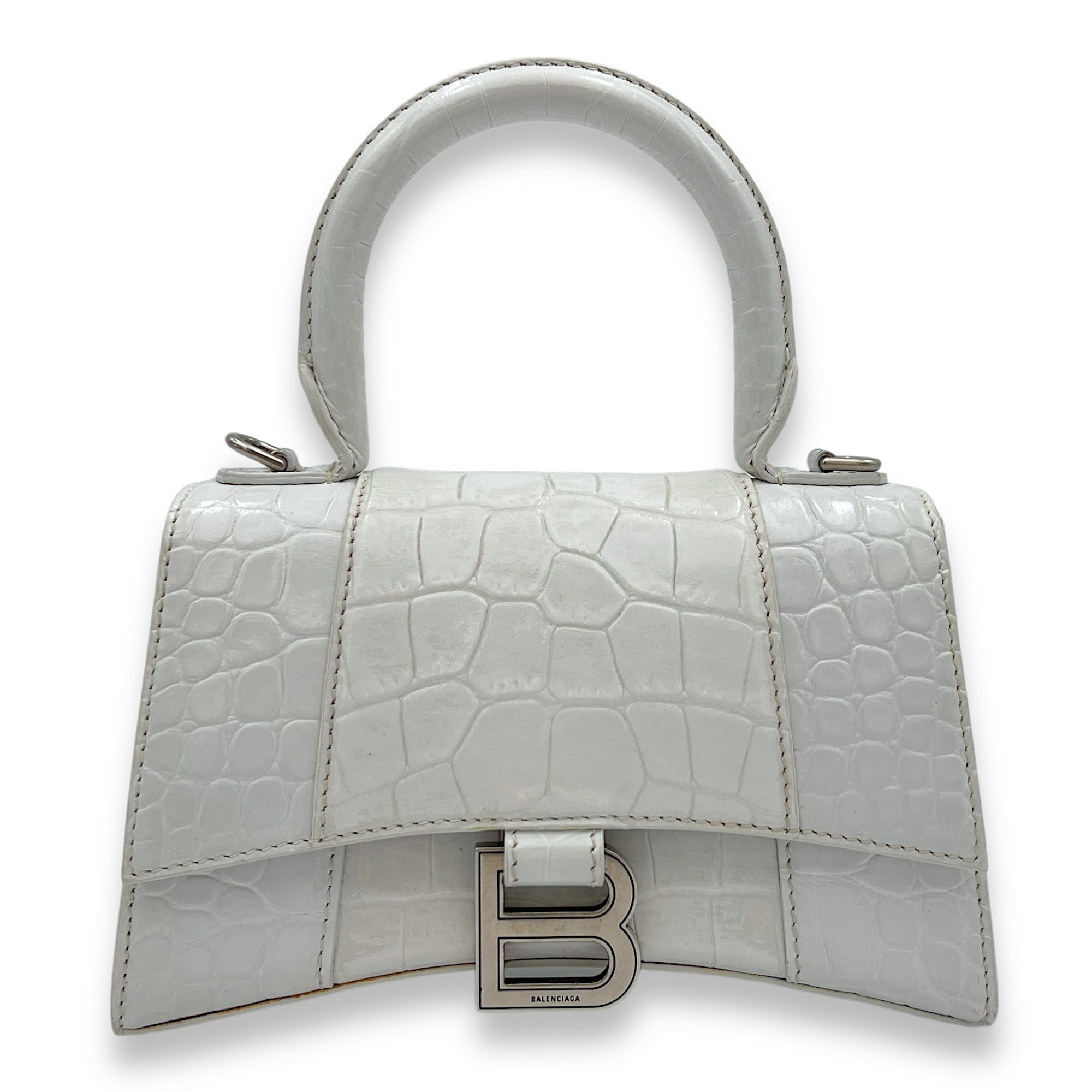 Hourglass XS White Top Handle Bag in Crocodile Embossed Calfskin, Silver hardware